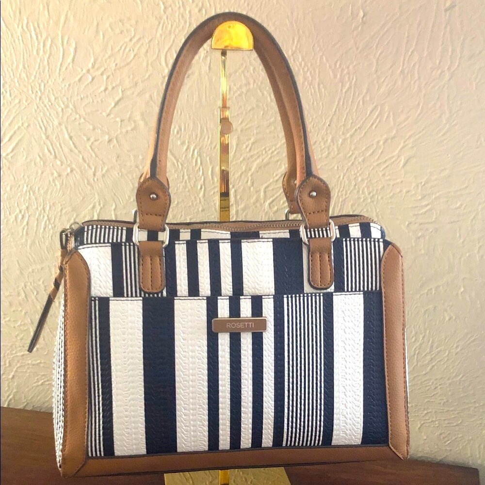 Rosetti Black and White Striped Satchel with Tan Accents